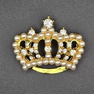 Gold Tone Crown Brooch Faux Pearl Rhinestone Accent Pin